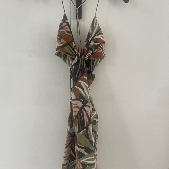 Zara Tropical Print Cut Out Mini Linen/Cotton Dress Spaghetti Straps XS - Picture 2 of 7